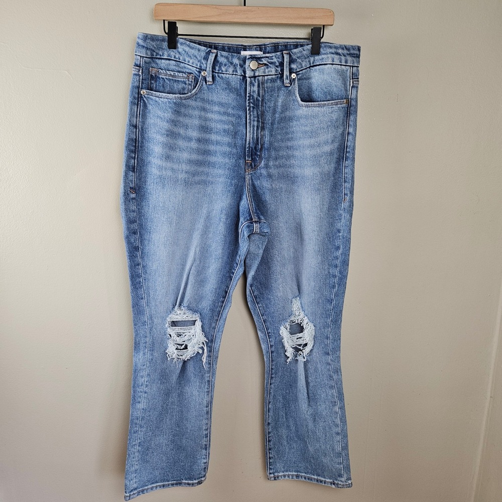 Good American Good Boy Distressed‎ Stretch Straight Leg Jeans Sz 15 Indigo Blue